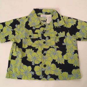 Lime green hibiscus on navy hawaiian boys shirt